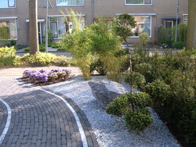 Rotstuin met rhododendron en bestrating